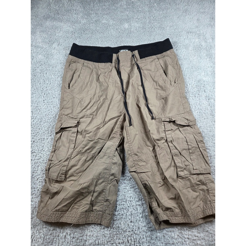 Carbon‎ Mens Cargo Shorts Brown Khaki Size 31 Elastic Waist Drawstring Cotton